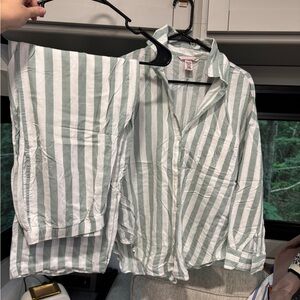 PINK Victoria's Secret Green and White Striped Pajama Set